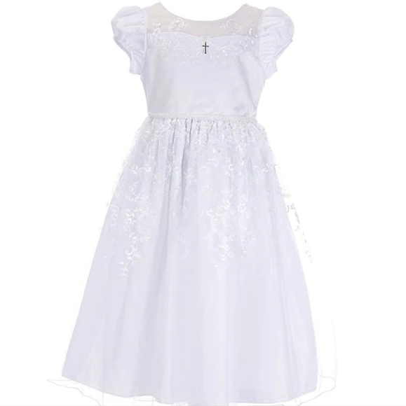 Bonnie Jean Girls Cap Sleeve Cross and Venise Trim Embroidered Tulle Dress - Picture 1 of 7